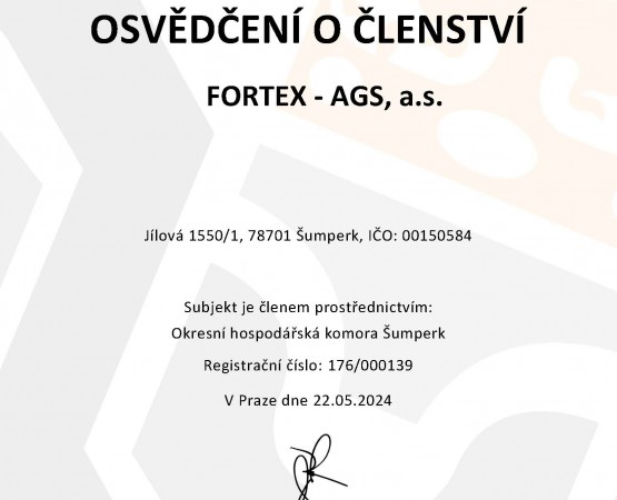 Hospodářská komora České republiky - Osvědčení o členství FORTEX - AGS, a.s.