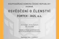 Hospodářská komora České republiky - Osvědčení o členství FORTEX - AGS, a.s.