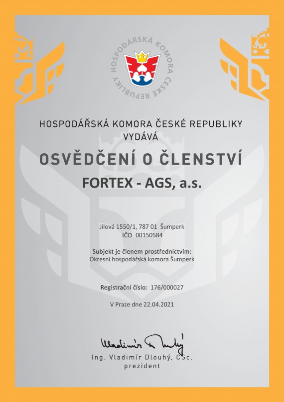 Hospodářská komora České republiky - Osvědčení o členství FORTEX - AGS, a.s.