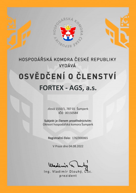 Hospodářská komora České republiky - Osvědčení o členství FORTEX - AGS, a.s.